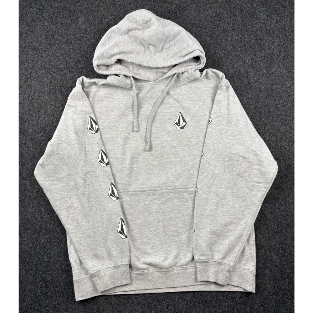 Volcom Mens Stone Logo Sleeve Print Hoodie Heather Grey Skate Sweatshirt Medium